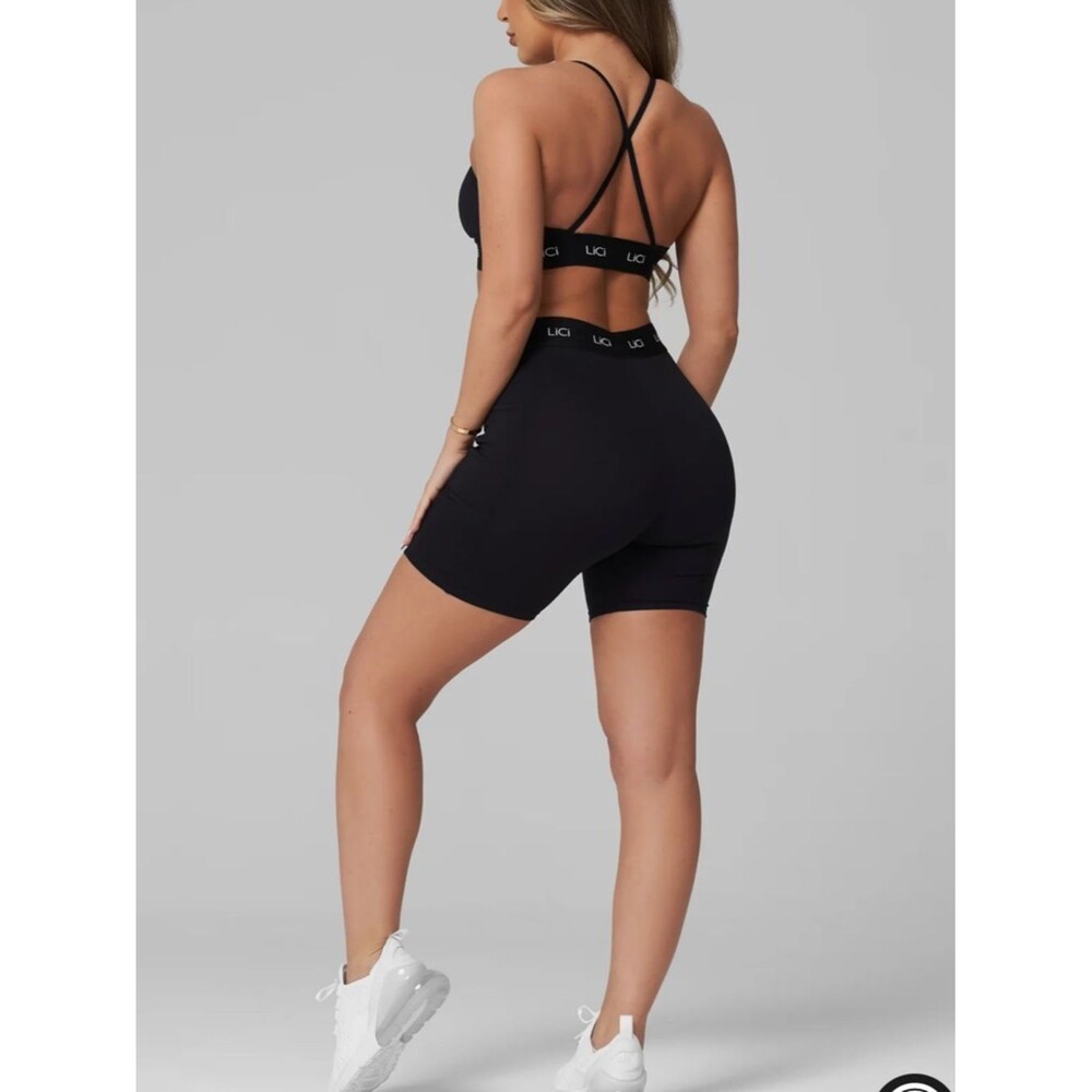 Lici Fit: Black Strappy Bralette and Biker Shorts Set